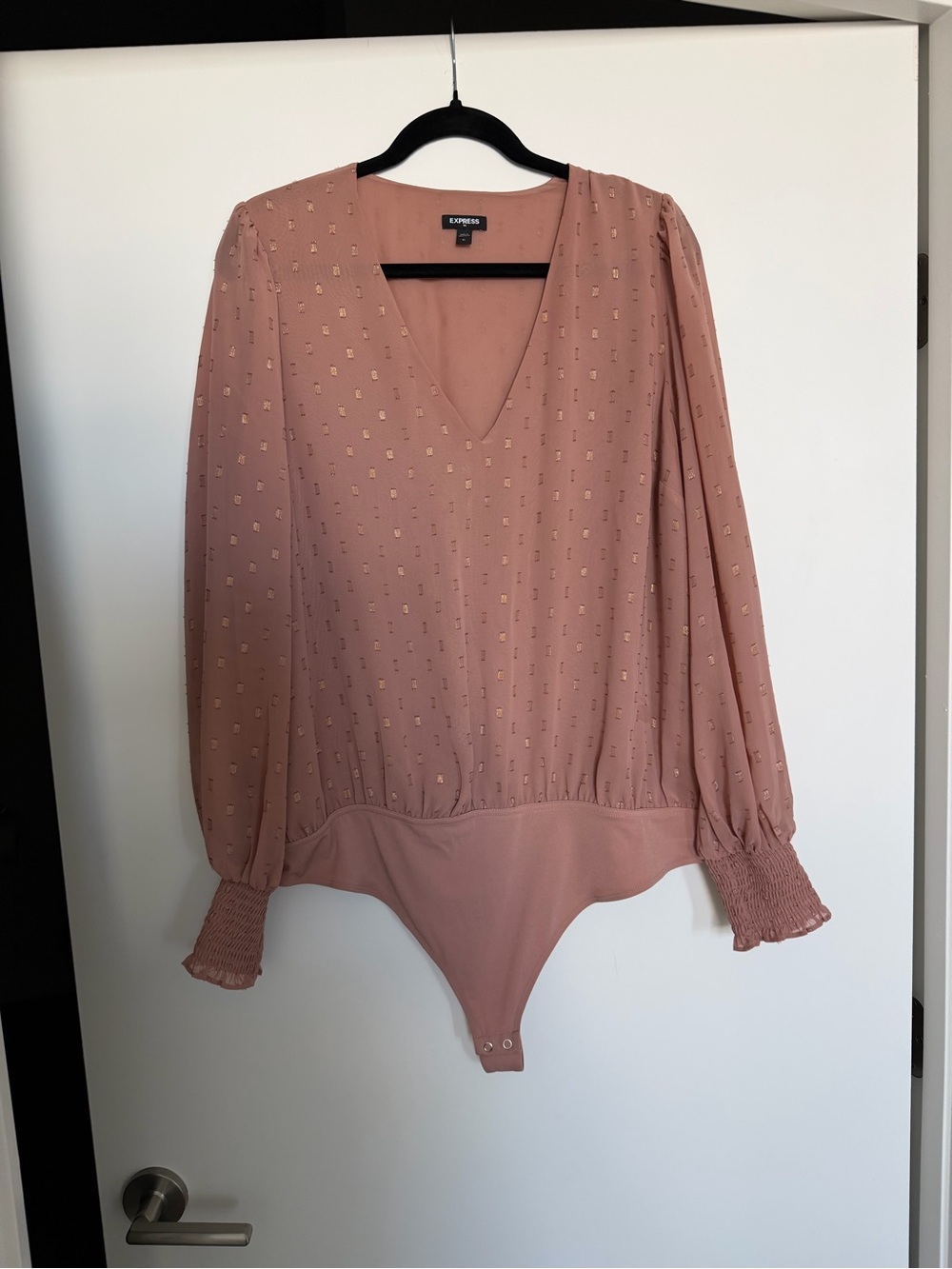 Express Dusty Rose Long Sleeve V-Neck Bodysuit with Metallic Dots